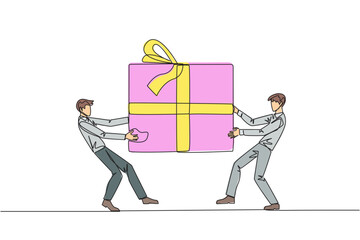 Single one line drawing two professional businessman fighting over the big gift box. Entrepreneurs against environmental pollution fight for the main prize. Continuous line design graphic illustration