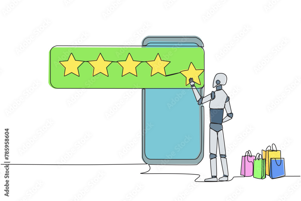 Poster continuous one line drawing robot standing facing giant smartphone trying to stick one star, that it