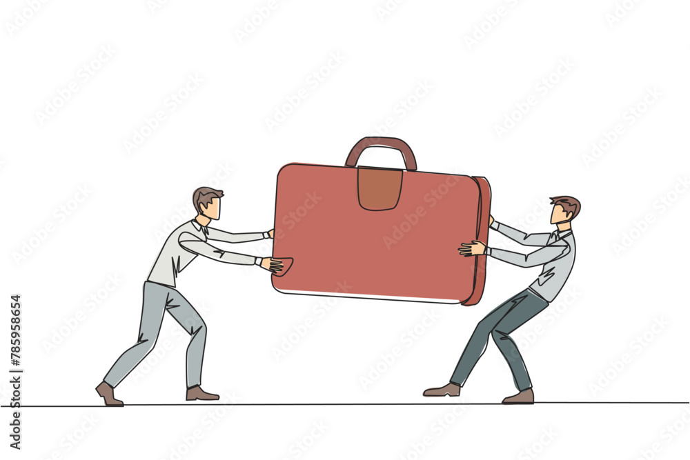 Aufkleber single continuous line drawing two aggressive businessman fighting over the briefcase. fight over th