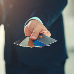 Financial advisor, hand and credit card in bank for wireless transaction, credit score and...