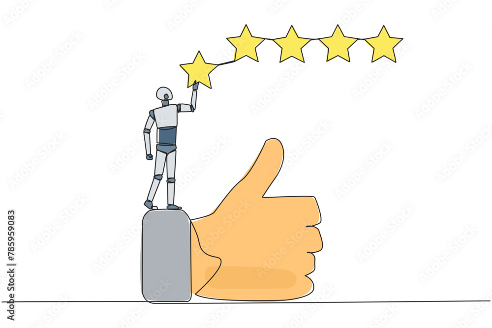 Poster single continuous line drawing robot standing on the thumbs up wants to attach the stars to form 5 s
