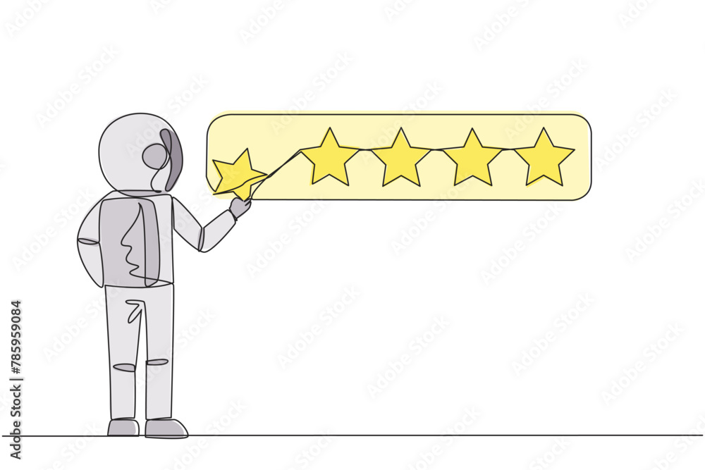 Poster continuous one line drawing astronaut standing holding 1 star want to make it 5 star array. satisfie