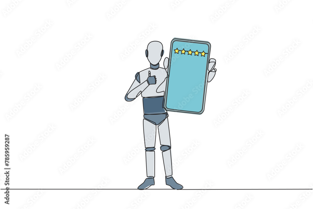 Poster single continuous line drawing robot standing holding smartphone showing screen to the front. giving