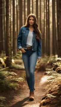 a young woman with long straight brown hair wearing a casual denim ja