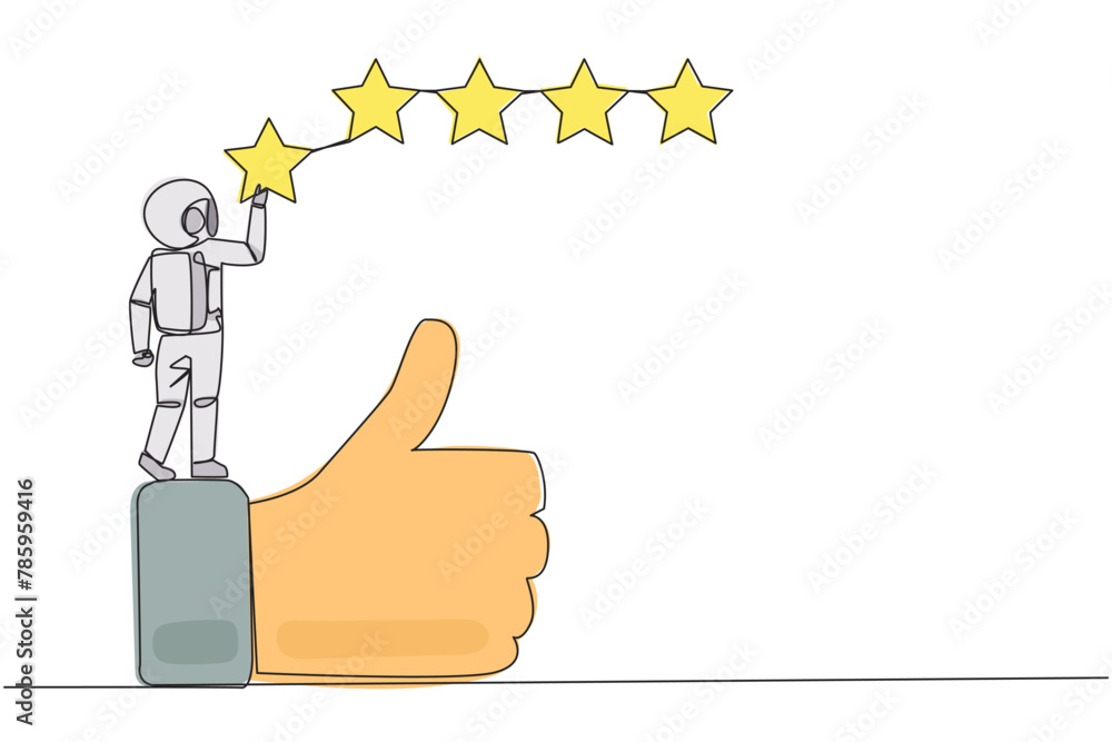 Poster single one line drawing astronaut standing on the thumbs up wants to attach the stars to form 5 star