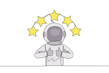 Single continuous line drawing astronaut giving two thumbs up, above head there are 5 stars forming semicircle. Exciting online shopping experience. Review 5 star. Cosmic. One line vector illustration