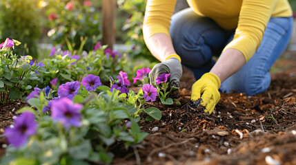 hands of a gardener, clothed in gloves, delicately placing flowers into the fertile soil of a sun-drenched garden