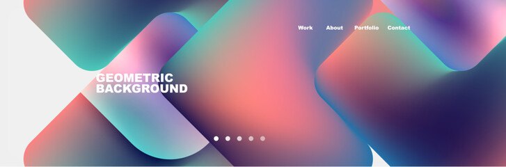 A vibrant abstract background featuring geometric shapes in shades of purple, azure, sky blue, water blue, violet, pink, magenta, and electric blue circles on a white backdrop