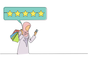 Continuous one line drawing happy Arabian woman holding several shopping bags. Other hand typing on the smartphone gives a 5 star review. Online shopping. Single line draw design vector illustration