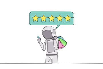 Continuous one line drawing happy astronaut holding several shopping bags. The other hand typing on the smartphone gives a 5 star review. Online shopping. Single line draw design vector illustration