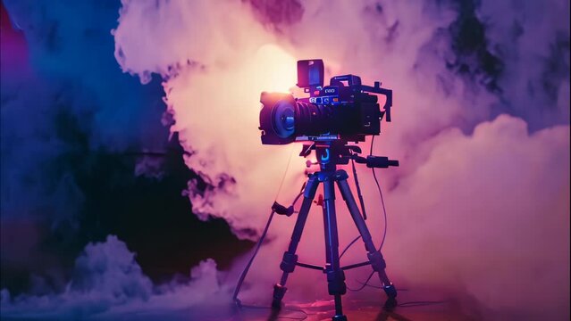 classic film camera on tripod with gradient neon smoke