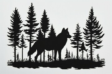 Silhouette of a wolf in the forest,  Hand drawn illustration