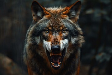 Portrait of a wolf with open mouth in the dark forest - obrazy, fototapety, plakaty