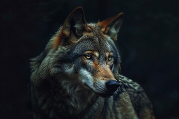 Naklejka na ściany i meble Portrait of a wolf in the dark forest, Wildlife scene