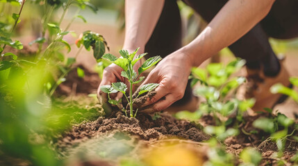 Fototapeta premium the nurturing moment of hands carefully planting a young seedling into rich, brown garden soil