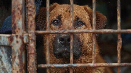 Lonely stray dog in shelter cage  abandoned, hungry, and hopeful behind rusty bars - obrazy, fototapety, plakaty