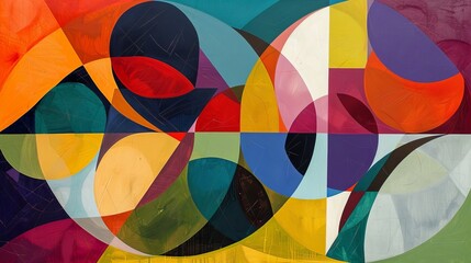 Obraz premium Layered geometric abstraction, circles and triangles merge in a visually stimulating blend of colors and shapes