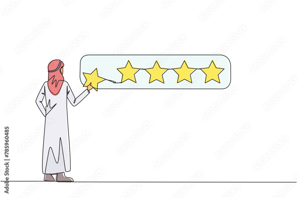 Poster continuous one line drawing arabian man standing holding 1 star and want to make it 5 star array. sa