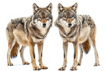 Naklejka na ściany i meble Two wolves standing in front of a white background, Looking at the camera