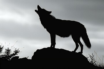 Silhouette of a wolf on the top of a rock