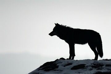 Silhouette of a wolf on top of a mountain in winter