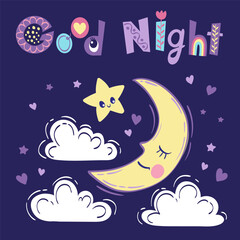 Half-moon slipping among fluffy clouds and short phrase good night. Vector hand drawn illustration