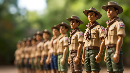A toy figure group of boy scouts walking in forest. - obrazy, fototapety, plakaty