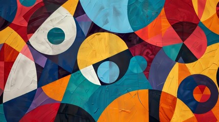 Creative texture formed by the random yet balanced overlay of colorful circles, triangles, and rectangles - obrazy, fototapety, plakaty