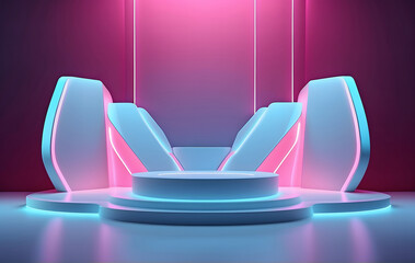 Elegant futuristic light blue podium with neon light panels for showcasing products