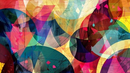 Creative texture formed by the random yet balanced overlay of colorful circles, triangles, and rectangles