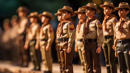 A toy figure group of boy scouts walking in forest. - obrazy, fototapety, plakaty