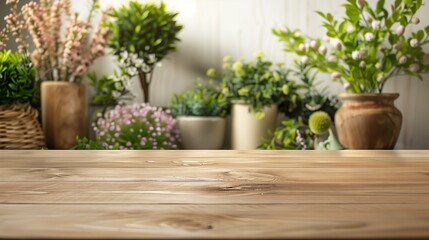 Wooden Tabletop with Blurred Plant Decor