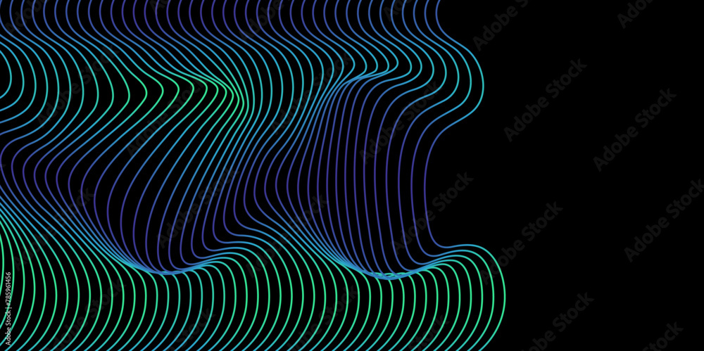 Poster vector wavy blue green gradient lines pattern curve flowing dynamic isolated on black background for