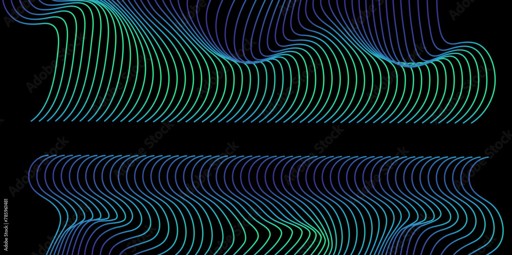 Poster vector wavy blue green gradient lines pattern curve flowing dynamic isolated on black background for