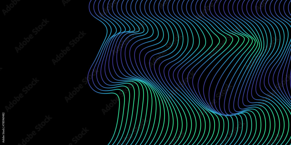 Poster vector wavy blue green gradient lines pattern curve flowing dynamic isolated on black background for