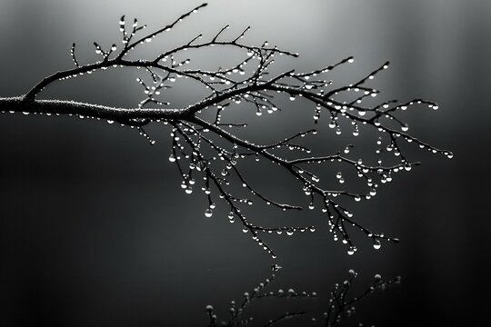 Drops of dew on the branches of a tree,  Black and white photo