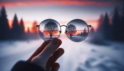 A pair of round glasses held up against a wintery scene. Through the lenses, the landscape appears focused and clear - obrazy, fototapety, plakaty