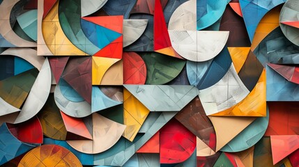Artistic backdrop featuring an array of overlapping geometric shapes, a medley of color and form