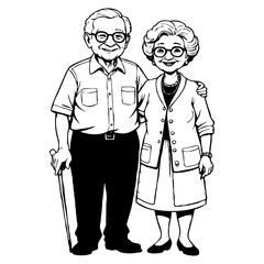 Grandma and Grandpa . Fictional Characters. Black and White Cartoon. Design for greeting cards. Generated by Ai