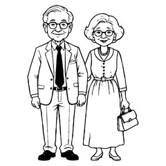 Grandma and Grandpa . Fictional Characters. Black and White Cartoon. Design for greeting cards. Generated by Ai