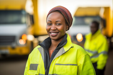 A joyous African woman wearing a headscarf and reflective safety vest beams with a vibrant smile, standing in an industrial area with yellow vehicles in the background.