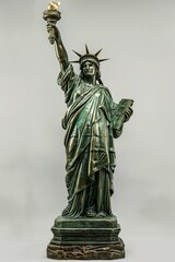 Miniature replica of the Statue of Liberty isolated on a grey background symbolizing freedom and democracy.
