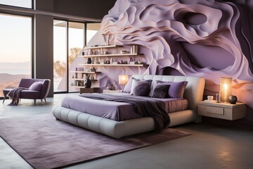 Purple and White Bedroom with Wall Feature