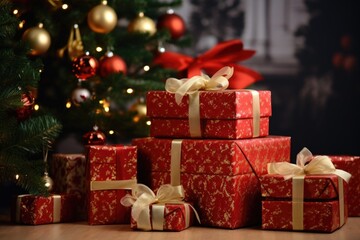 Festive Christmas Gifts Wrapped in Red with Golden Bows