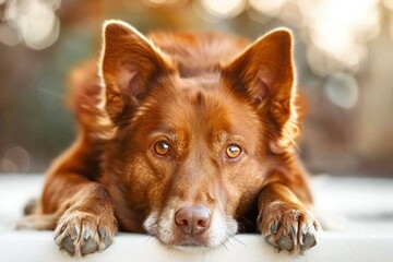 Portrait of a red dog lying on a bench in the park - obrazy, fototapety, plakaty