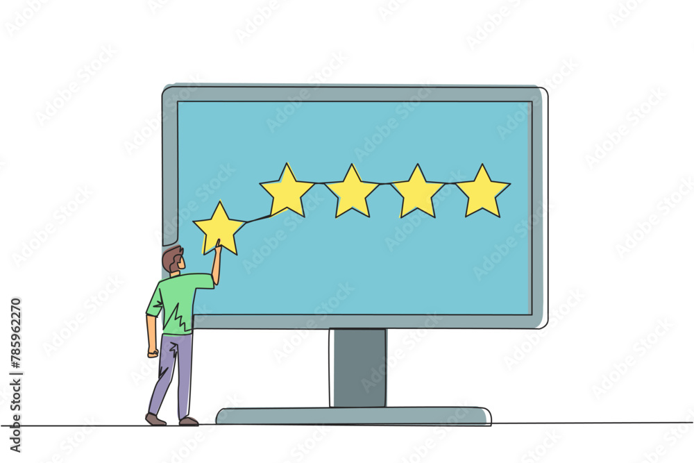 Poster single continuous line drawing man standing and trying to stick one star on the big monitor. giving 