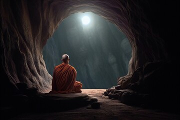 Buddhist monk in a cave at night,   rendering - obrazy, fototapety, plakaty