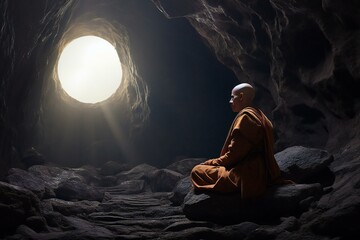 Buddhist monk sitting in a cave and looking at the sun