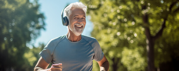 An elderly man with a beaming smile enjoys his morning run in the park, showcasing vitality and a...