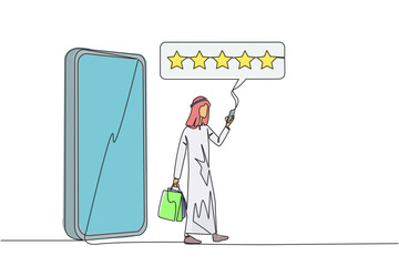 Continuous one line drawing Arabian man comes out of big smartphone carrying a shopping bag, the other hand typing smartphone. Online shopping concept. Ecommerce. Single line draw vector illustration
